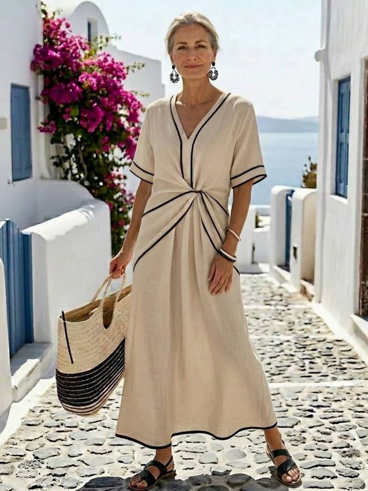 Linnea | V-Ausschnitt Kurzarm Geraffter Taillen-Midi-Kleid