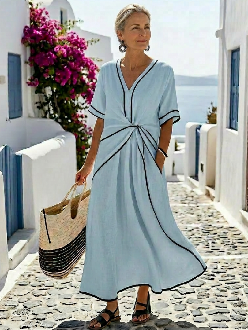 Linnea | V-Ausschnitt Midi-Kleid mit kurzen Ärmeln und geraffter Taille
