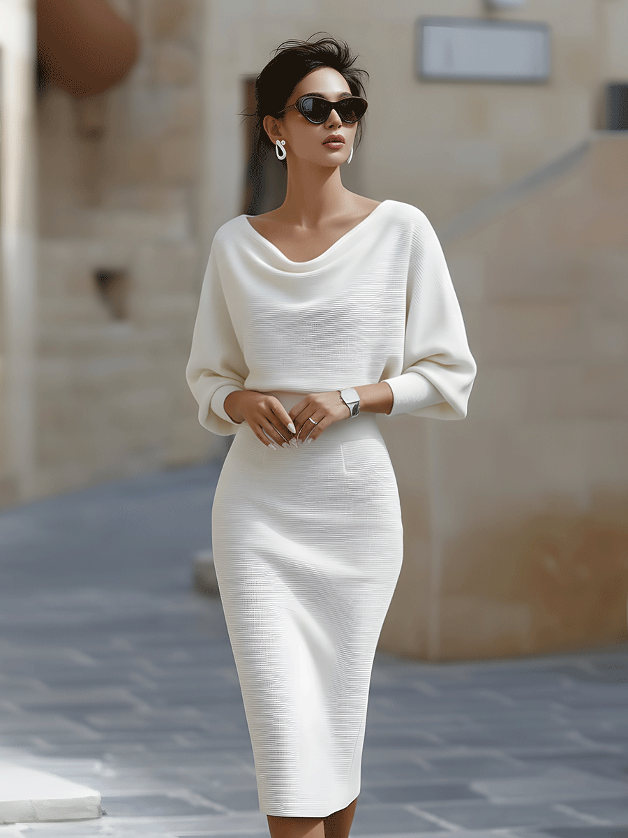 Viktoria | Weißes Drapiertes Batwing-Midikleid