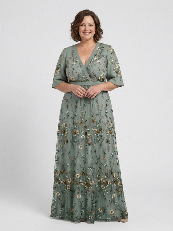 Evadne | Florales V-Ausschnitt Maxikleid mit kurzen Ärmeln