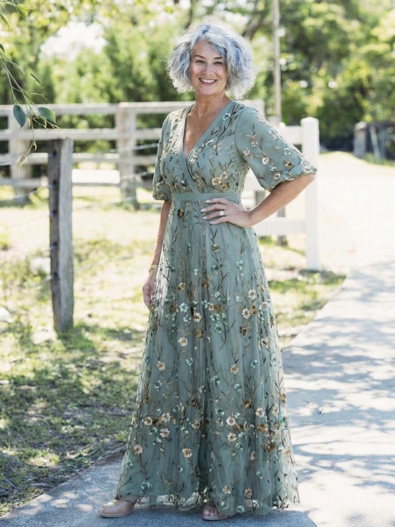 Evadne | Florales V-Ausschnitt Maxikleid mit kurzen Ärmeln