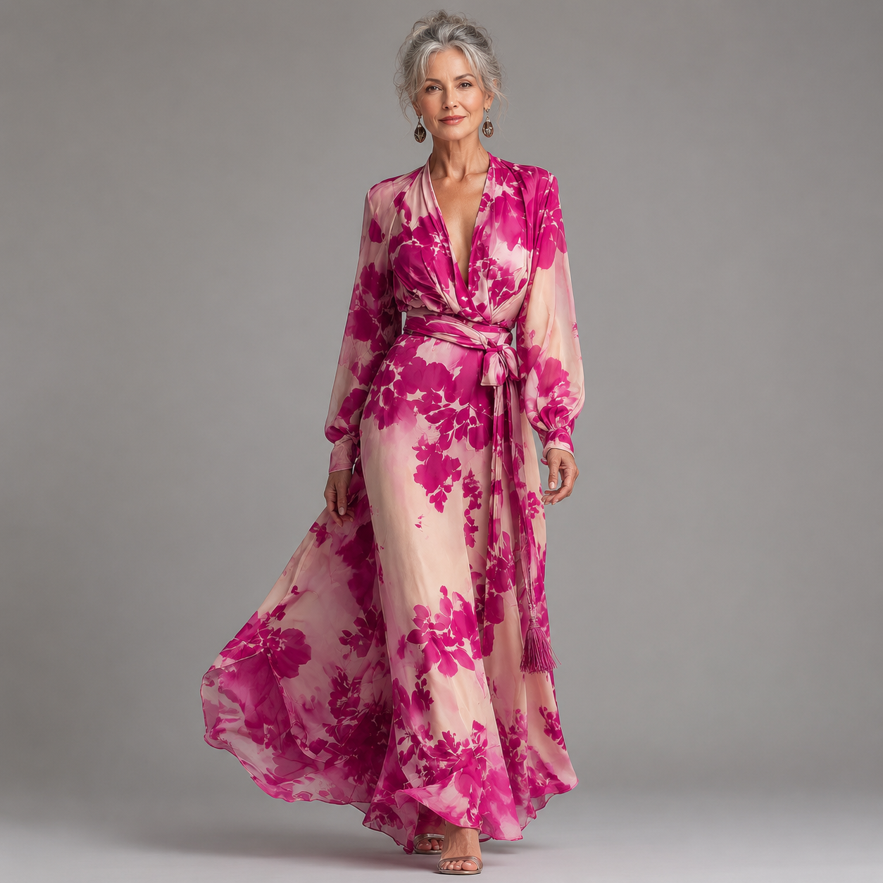 Jutta | Rose Floral V-Ausschnitt Maxikleid mit Gürtel