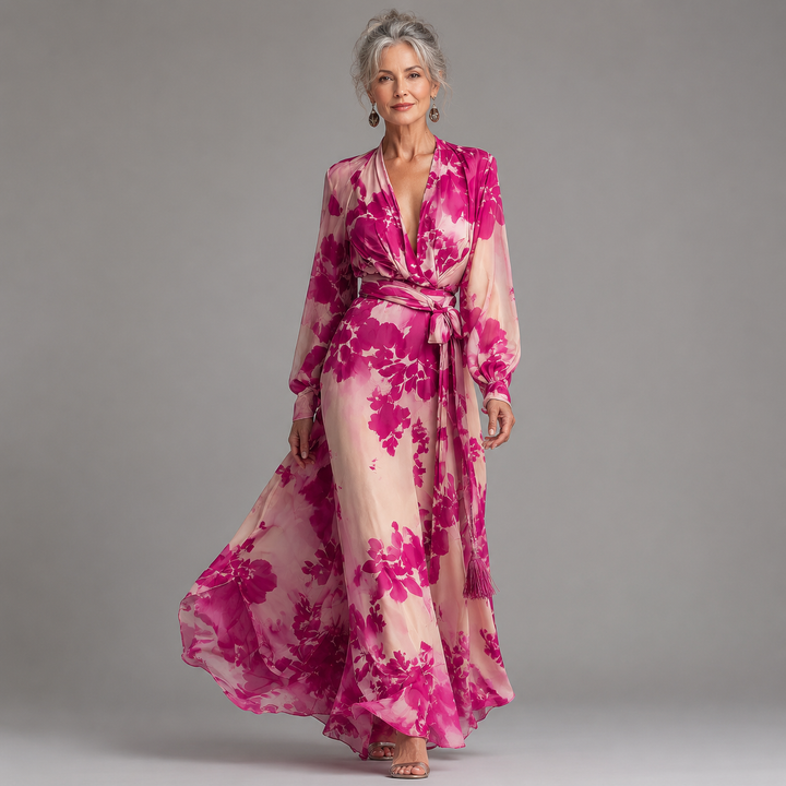 Jutta | Rose Floral V-Ausschnitt Maxikleid mit Gürtel