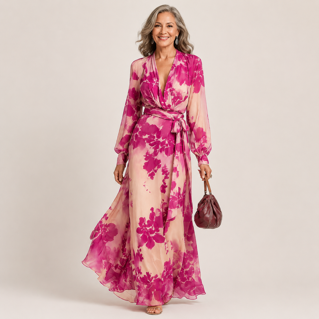 Jutta | Rose Floral V-Ausschnitt Maxikleid mit Gürtel