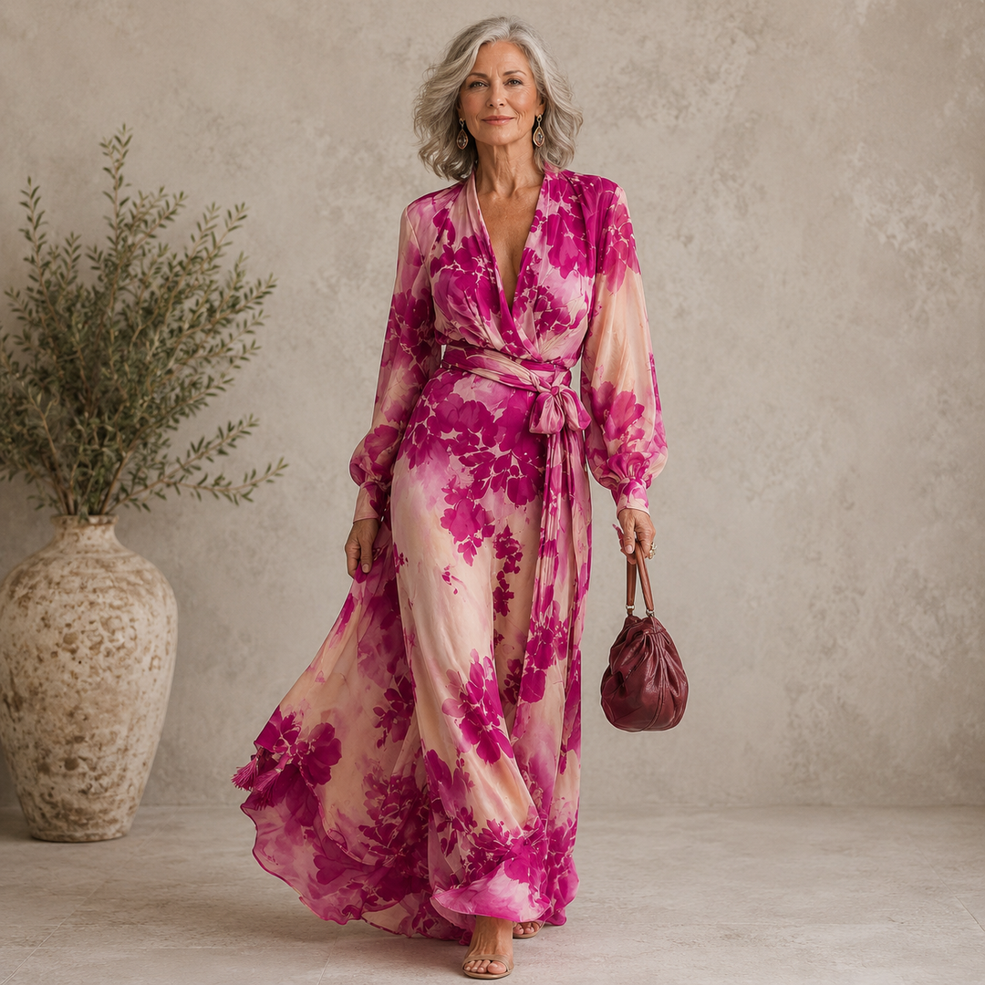 Jutta | Rose Floral V-Ausschnitt Maxikleid mit Gürtel