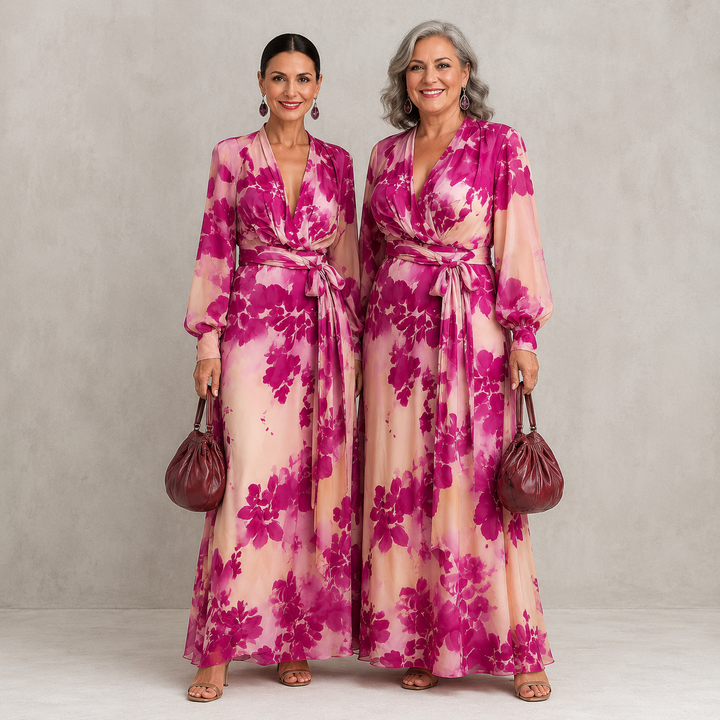 Jutta | Rose Floral V-Ausschnitt Maxikleid mit Gürtel