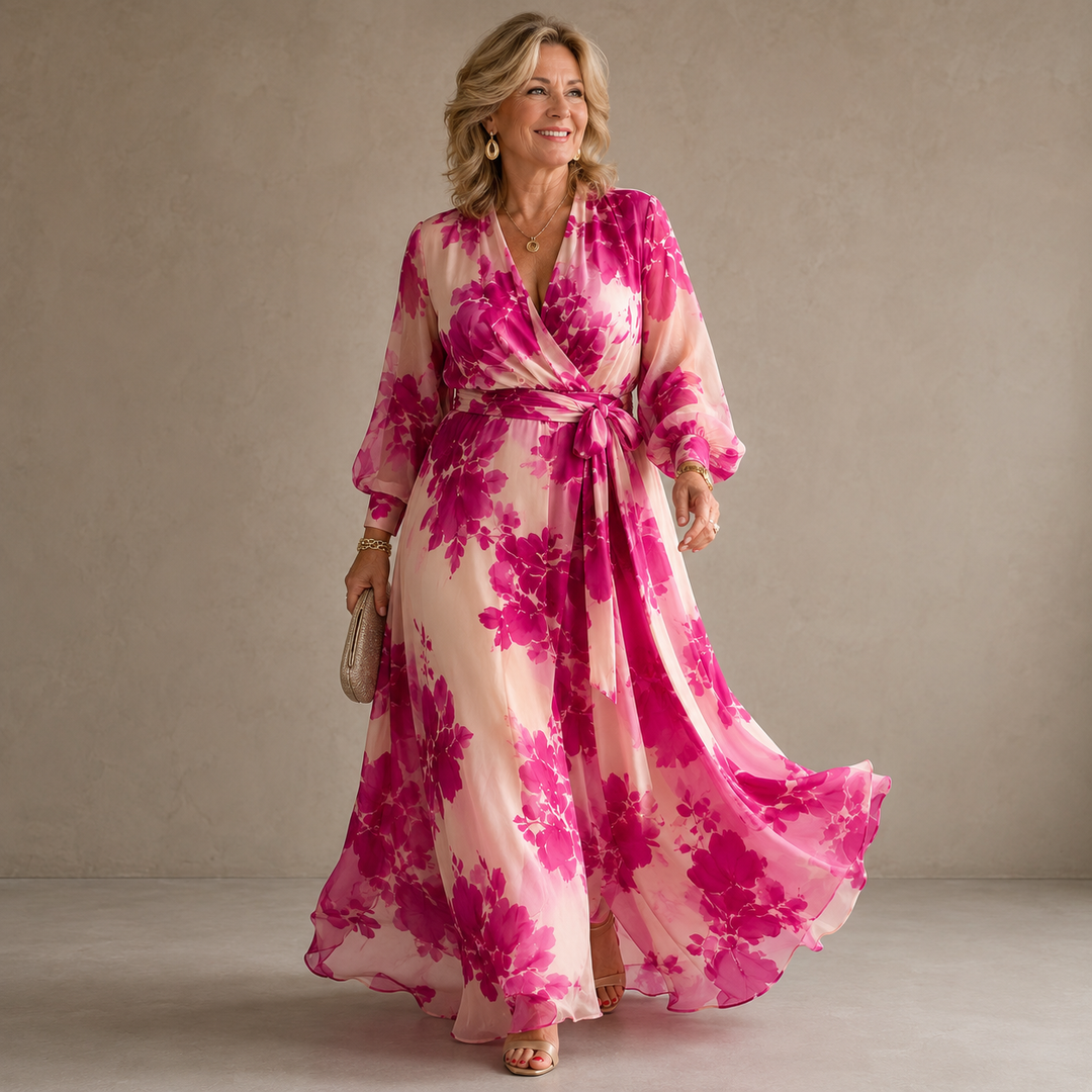 Jutta | Rose Floral V-Ausschnitt Maxikleid mit Gürtel