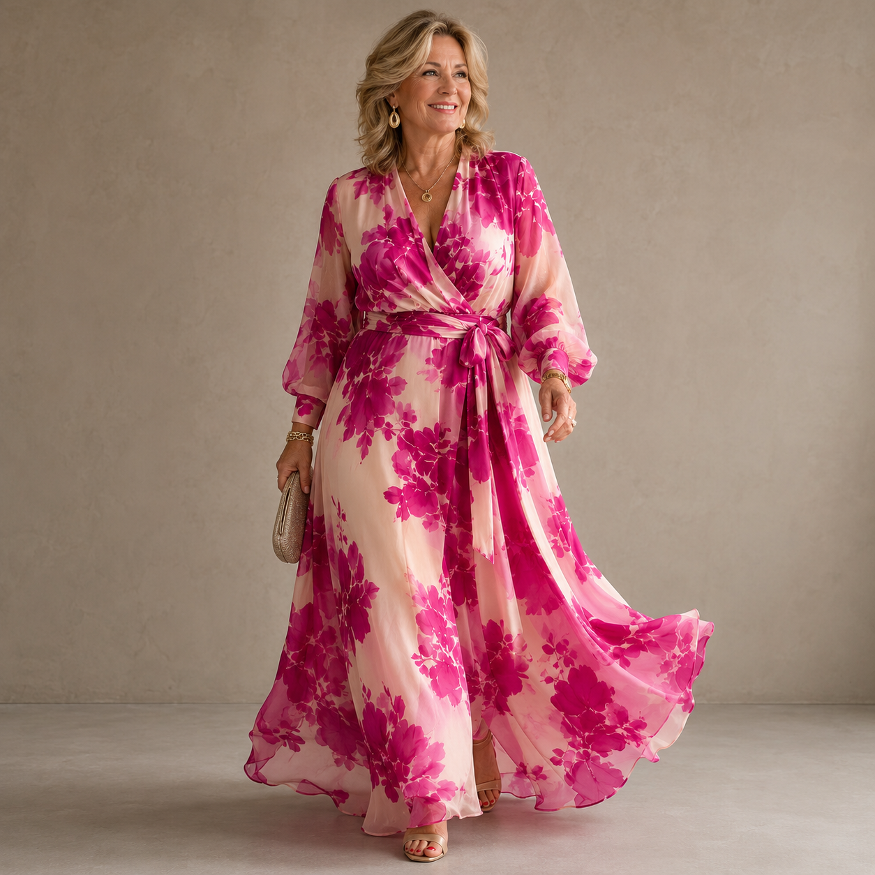 Jutta | Rose Floral V-Ausschnitt Maxikleid mit Gürtel
