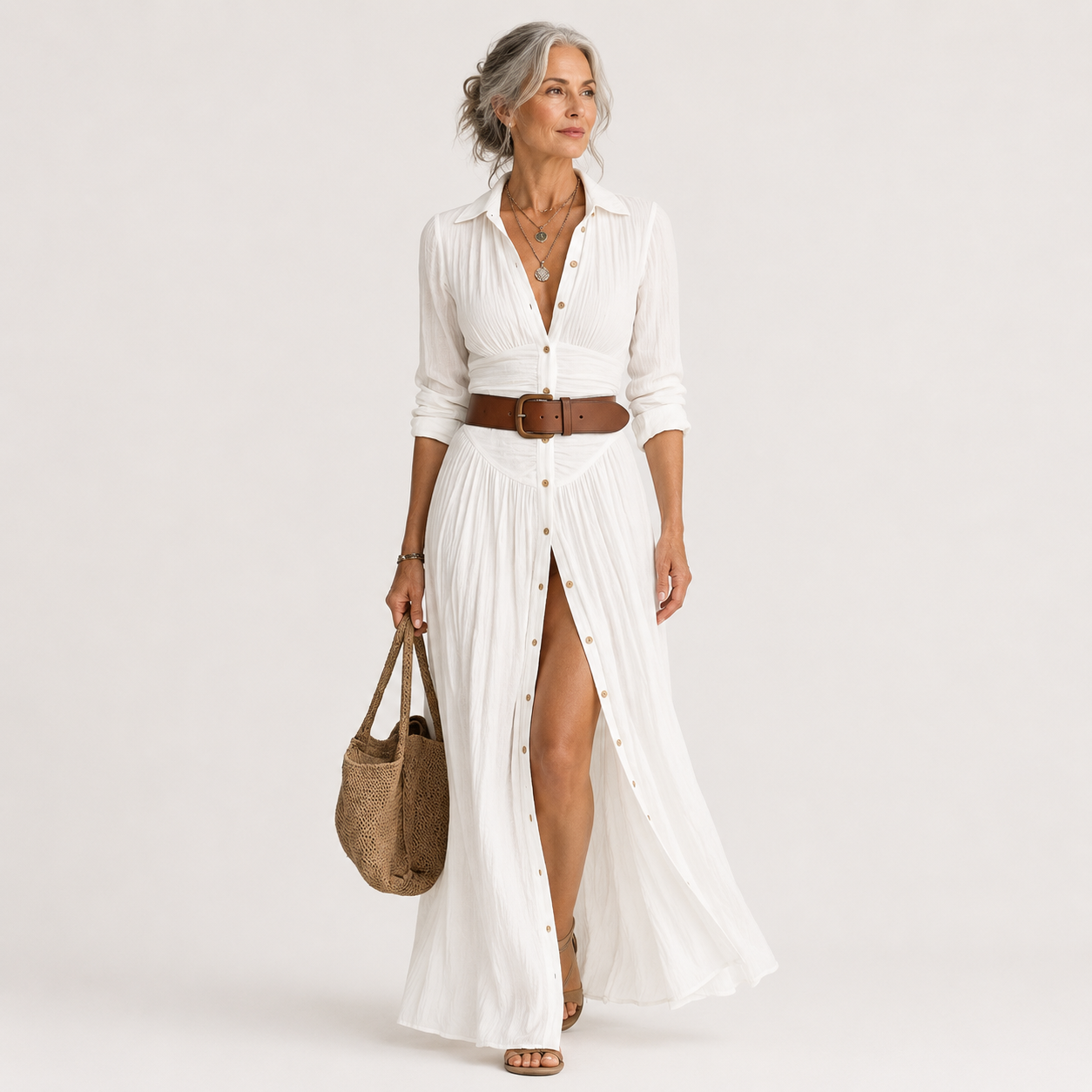 Lelivilia | Langes Maxikleid mit eingekerbtem Kragen