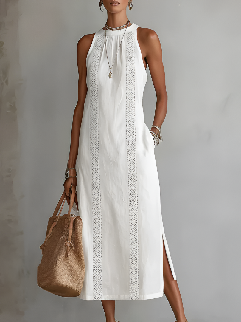 Johanna | Entspanntes gesticktes Midi-Kleid mit Mandarin-Kragen