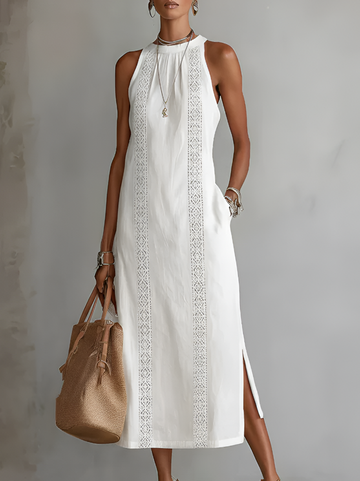 Johanna | Entspanntes gesticktes Midi-Kleid mit Mandarin-Kragen