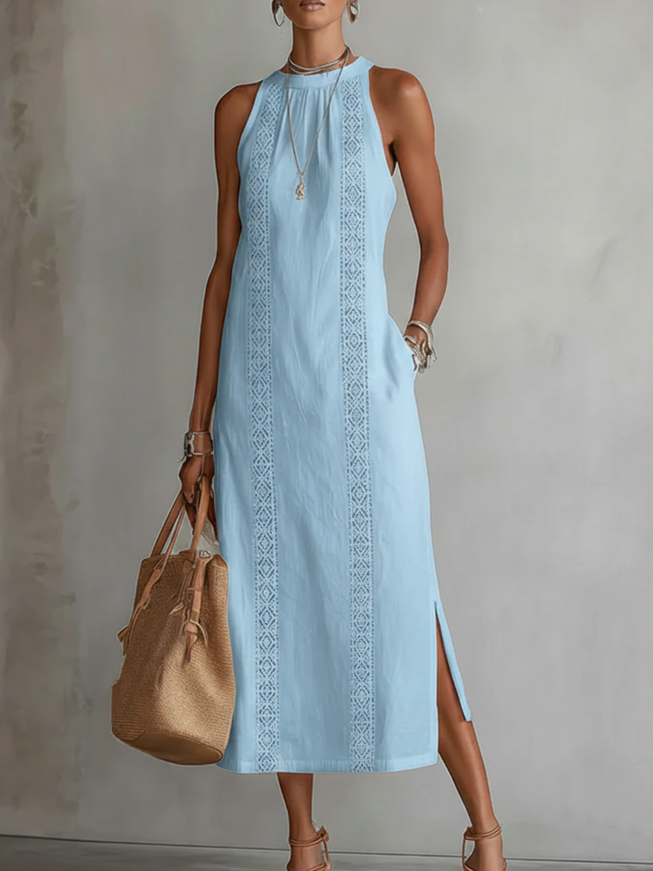 Johanna | Entspanntes gesticktes Midi-Kleid mit Mandarin-Kragen