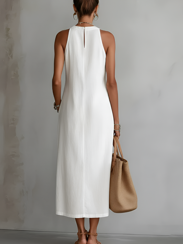 Johanna | Entspanntes gesticktes Midi-Kleid mit Mandarin-Kragen
