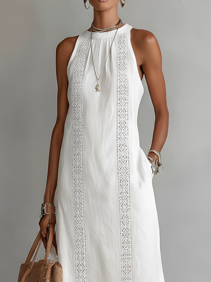 Johanna | Entspanntes gesticktes Midi-Kleid mit Mandarin-Kragen