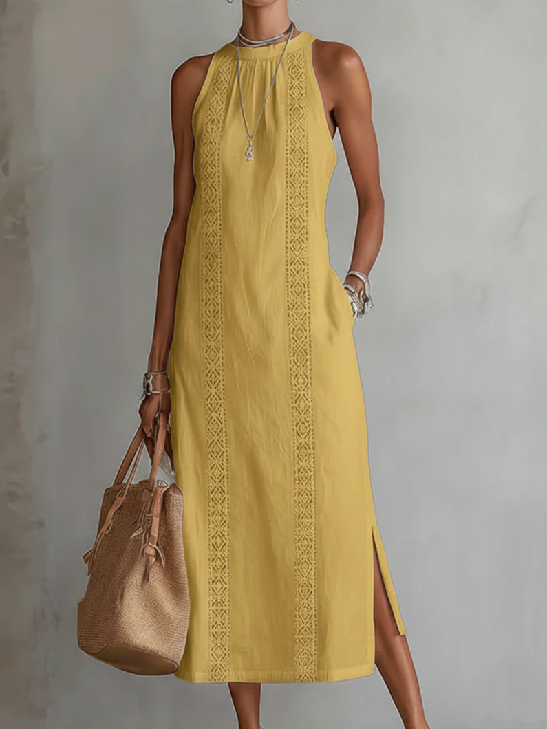 Johanna | Entspanntes gesticktes Midi-Kleid mit Mandarin-Kragen