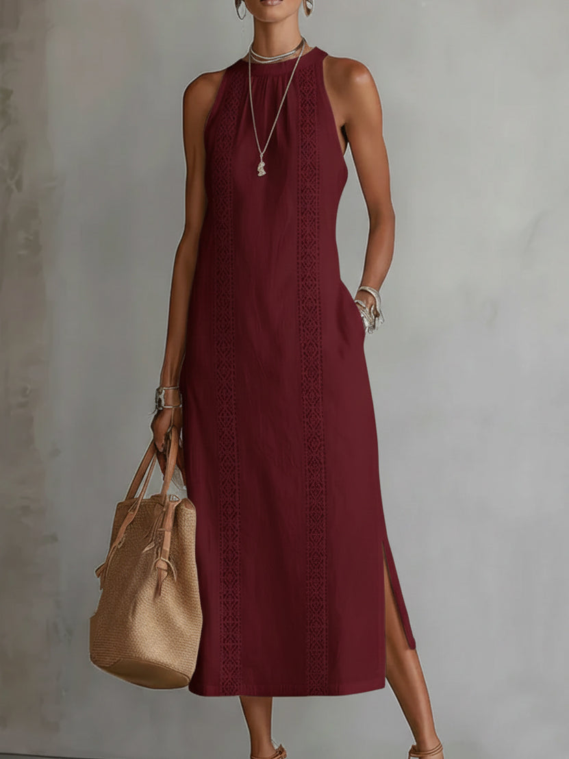 Johanna | Entspanntes gesticktes Midi-Kleid mit Mandarin-Kragen