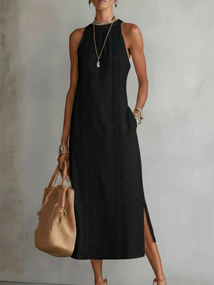 Johanna | Entspanntes gesticktes Midi-Kleid mit Mandarin-Kragen