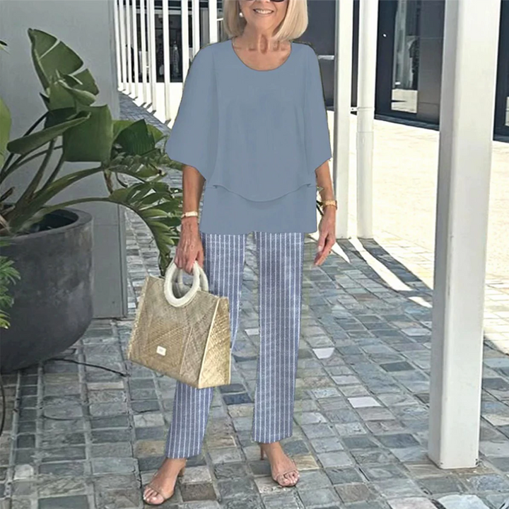Casira | Lässiges Set mit gemusterter Hose und Rundhals-Oberteil für Damen